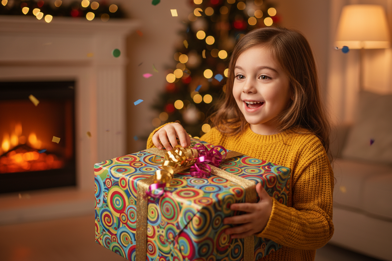 A happy kid receiving a gift