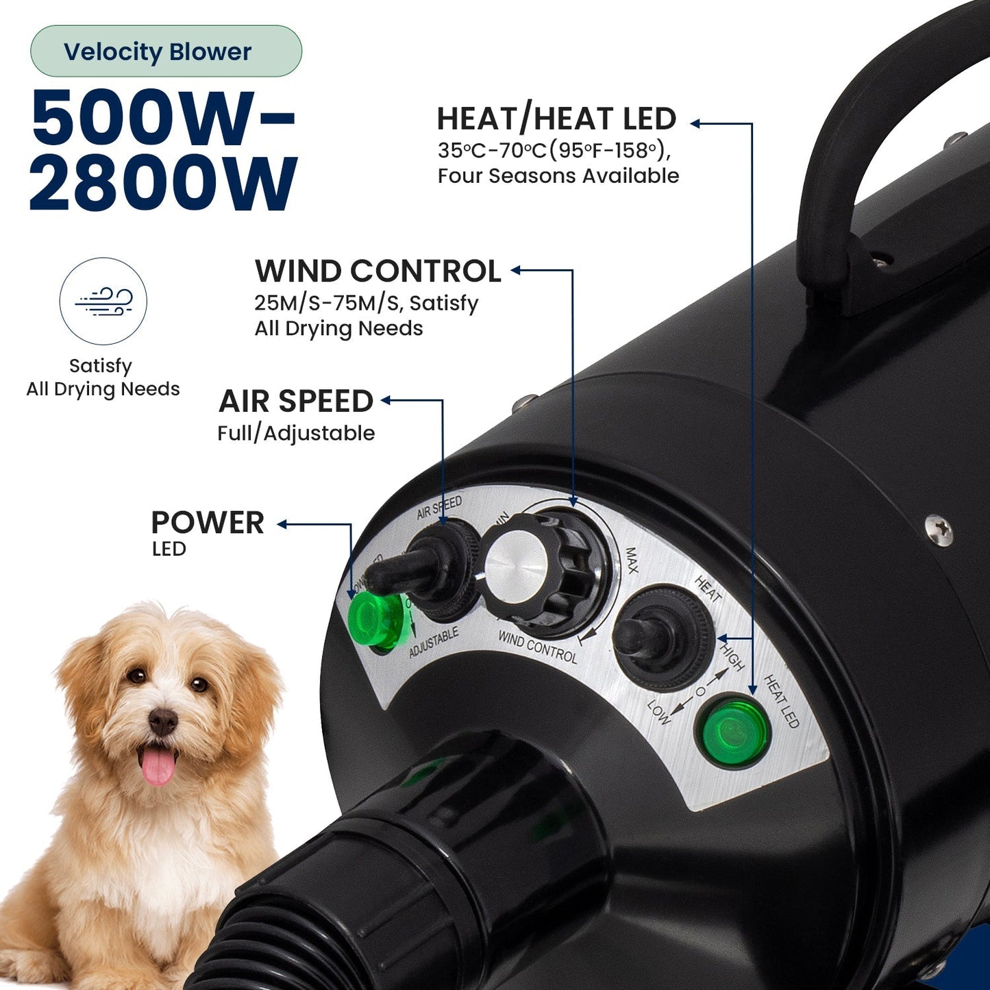 Dog Hair Dryer, Professional High Velocity Pet Blower, Adjustable Hot and Cold Airflow