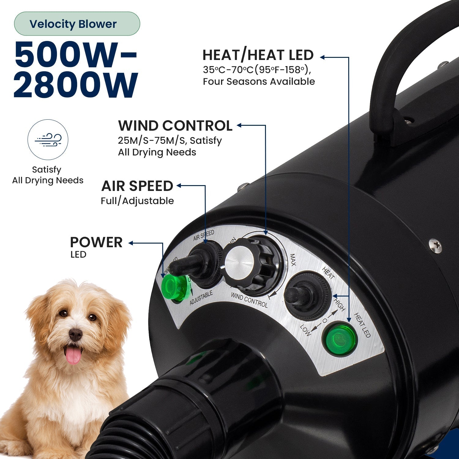Dog Hair Dryer, Professional High Velocity Pet Blower, Adjustable Hot and Cold Airflow